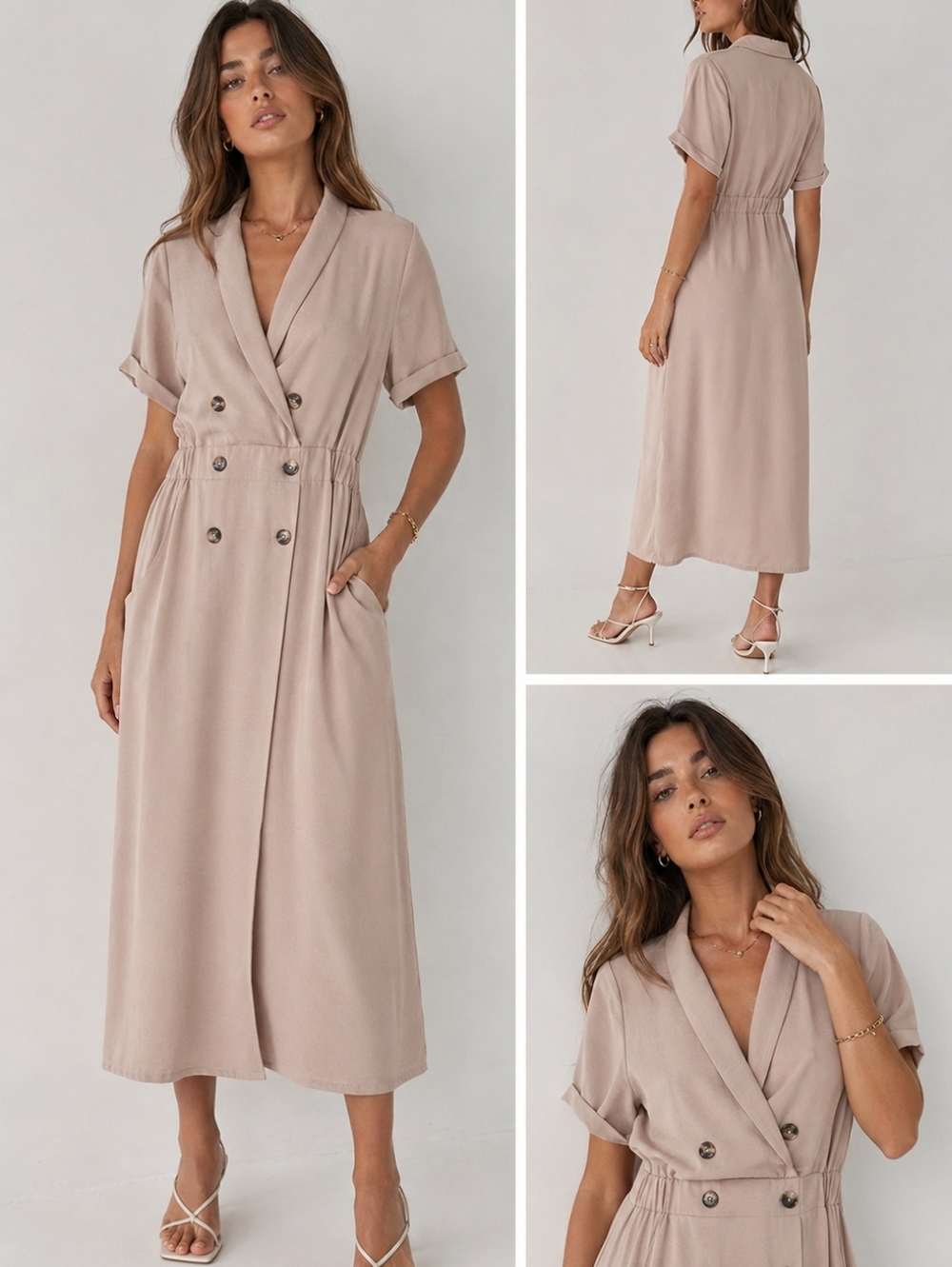 ASOS Blush Button Front Midi Dress XS – Workwear Chic Short Sleeve